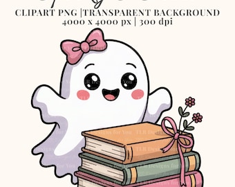 Pastell spöke clipart rosa rosett läsbok PNG Halloween höst söt digital konst läskig säsong klistermärke sublimering