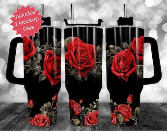 Dark Red Rose PNG 40oz Tumbler Wrap Sublimation Pink Florals Transparent Images with Mockups Full Wrap Beautiful Dark Red Flowers Seamless