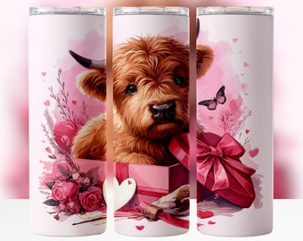Western Country Valentine Tumbler Wrap PNG Pink Highland Cow Baby Cattle Valentine Cute 20oz Skinny Tumbler Wrap Pink Heart Floral Tumbler 4