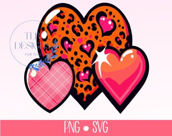 Girls Valentine SVG Valentine Leopard Heart PNG Retro Valentine Heart Buffalo Plaid Clipart Sublimation PNG Pink and Orange Heart Vector svg