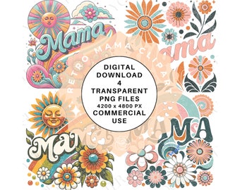 Bundle de cliparts PNG maman rétro pour cadeaux de fête des mères, soleil, fleurs, marguerites, look vintage vieilli