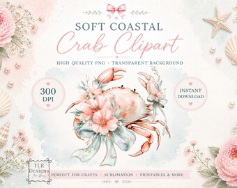 Coastal Crab PNG Clipart Soft Pastel Watercolor Feminine Beach Design