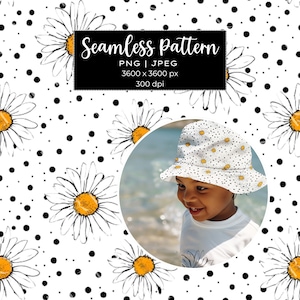 Pode incluir: Um padrão sem costura com margaridas brancas com centros amarelos e bolinhas pretas sobre um fundo branco. O padrão é repetido em toda a imagem. O texto "Seamless Pattern" está escrito em preto sobre um retângulo branco. O texto "PNG | JPEG" está escrito em preto sobre um retângulo branco. O texto "3600 x 3600 px" está escrito em preto sobre um retângulo branco. O texto "300 dpi" está escrito em preto sobre um retângulo branco. Uma criança usando um chapéu de balde branco com um padrão de margarida é mostrado em um círculo no centro da imagem.
