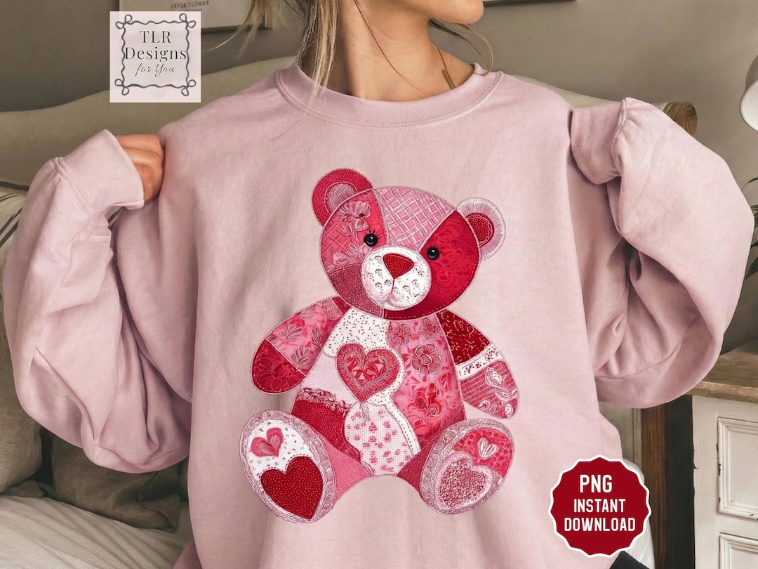 Valentine Patchwork Teddy Bear PNG Pink Heart Sublimation Valentine ...