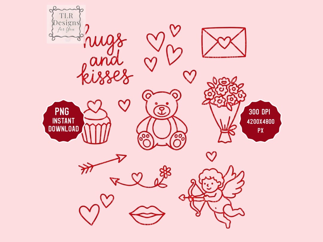 Valentine Clipart Bundle PNG Hugs and Kisses Teddy Bear Hearts Cupid ...