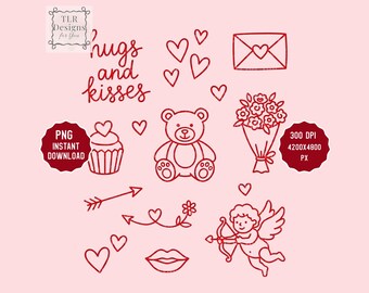 Valentine Clipart Bundle PNG Hugs and Kisses Teddy Bear Hearts Cupid Love Doodles Digital Download