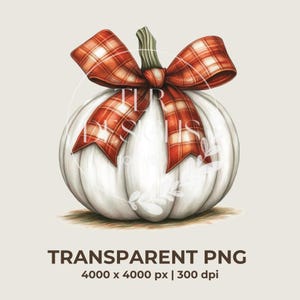 May include: A white pumpkin with a red and white plaid bow. The pumpkin is sitting on a brown surface.