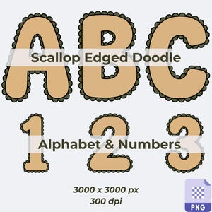 Alfabeto con bordes festoneados acogedores, conjunto PNG, A-Z 0-9, letras en dorado neutro y verde oliva, fuente monograma festoneada, descarga digital
