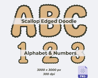 Cozy Scallop Edged Doodle Alphabet PNG Set A-Z 0-9 | Neutral Gold and Olive Green Letters | Scalloped Monogram Font | Digital Download