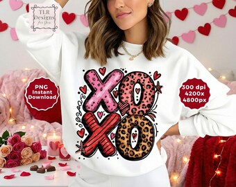 XOXO Valentine PNG Hugs and Kisses Leopard Print Pink Red Hearts Love Digital Download