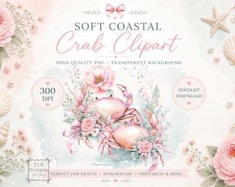 Feminine Crab PNG Coastal Watercolor Clipart Soft Beach Design Instant Download