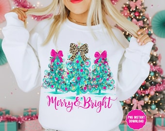 Merry and Bright Christmas PNG Leopard Bow Pink Tree Design Sublimation for TShirt Sweatshirt Tote Festive Holiday Graphic