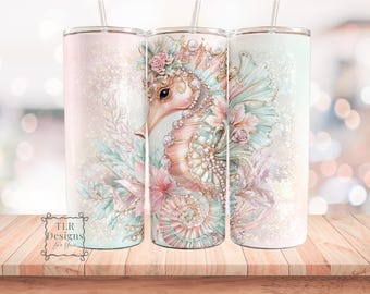 Seahorse Tumbler Wrap PNG, Pastel Ocean Floral 20oz Skinny Tumbler Sublimation Design