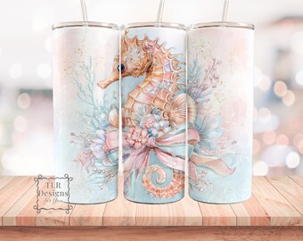 Seahorse Tumbler Wrap PNG, Coastal Floral 20oz Skinny Tumbler Design