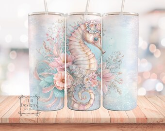 Seahorse 20oz Skinny Tumbler Wrap PNG 20oz Coastal Floral Pastel Ocean Sublimation