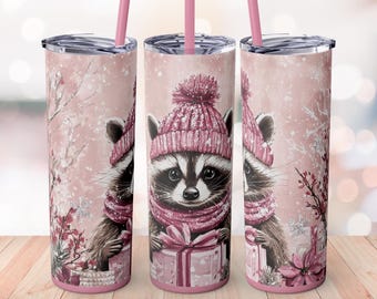 Winter Pink Raccoon 20oz Skinny Tumbler Wrap Cute Gift Glitter Scarf Snowflakes Christmas Cozy Animal Blush Digital Design Wrap