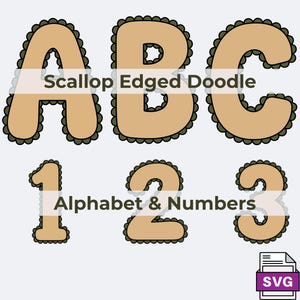 May include: Illustration of the letters A, B, C and numbers 1, 2, 3 in a tan color with a scalloped edge design. The text "Scallop Edged Doodle" and "Alphabet & Numbers" are also present.