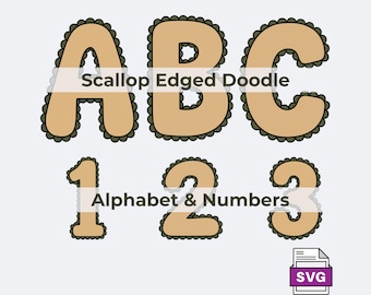 Cozy Scallop Edged Doodle Alphabet SVG Set A-Z 0-9 | Neutral Gold and Olive Green Letters | Scalloped Monogram Font | Digital Download