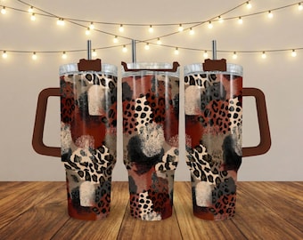 40 oz Leopard Print Tumbler Wrap PNG Abstract Brown Black Tan Animal Pattern