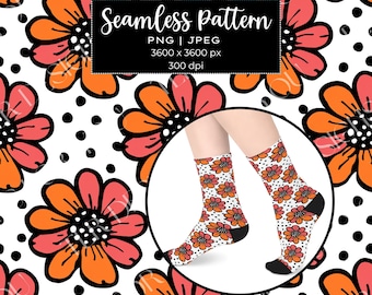 Retro Floral Seamless Pattern Digital Download Pink and Orange Flowers Ideal for Crafts Scrapbooking Fabric Printing PNG and JPEG Files