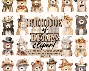 Watercolor Bear Clipart Bundle Cute Animal Illustrations Digital Sublimation Designs Hat Graphics Woodland Aesthetic Printable Set Bundle 1