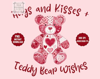 Valentine Teddy Bear PNG Patchwork Bear Clipart Pink Heart Digital Download