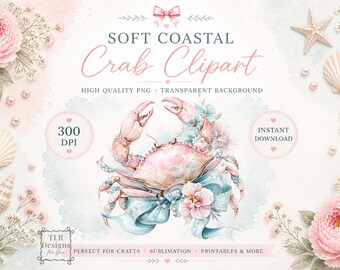 Watercolor Crab PNG Soft Feminine Coastal Clipart Beach Design Instant Download