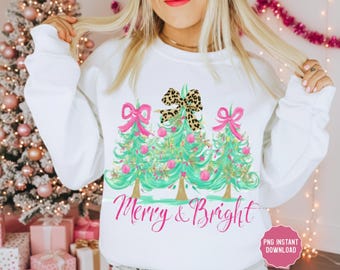 Merry and Bright Christmas Tree PNG Leopard Bow Pink Ornament Digital Download Sublimation Design for TShirt Mug Ornament Tote