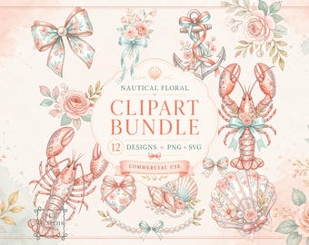 Nautical Floral Clipart PNG SVG Bundle, Seashell Lobster Bow Graphics, Soft Beach Art