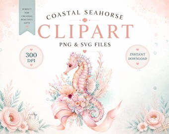 Floral Seahorse PNG SVG Coastal Beach Clipart Soft Ocean Feminine Design Download