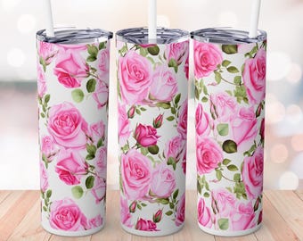 Pink Roses 20oz Skinny Tumbler Wrap Cute Gift Floral Digital Design Wrap