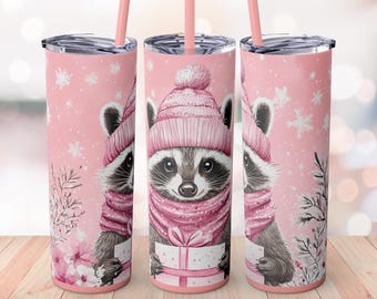Pink Winter Raccoon 20oz Skinny Tumbler Wrap Cute Gift Glitter Scarf Snowflakes Christmas Cozy Animal Digital Design Wrap