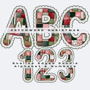 May include: A decorative design featuring the letters A, B, and C, along with the numbers 1, 2, and 3. Each character is filled with a patchwork pattern in red, green, and pink hues, outlined with a scalloped edge. The words "PATCHWORK CHRISTMAS" and "Scallop Edged Doodle Alphabet & Numbers" are also present.