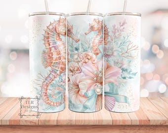 Seahorse Tumbler Wrap PNG, Coastal Floral 20oz Skinny Tumbler Design, Beachy Pastel Sublimation