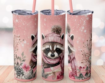 Winter Raccoon Pink 20oz Skinny Tumbler Wrap Cute Gift Glitter Scarf Snowflakes Christmas Cozy Animal Digital Design Wrap
