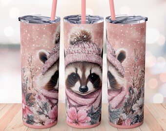 Pink Winter Raccoon 20oz Skinny Tumbler Wrap Cute Gift Glitter Scarf Snowflakes Blush Christmas Cozy Animal Digital Design Wrap