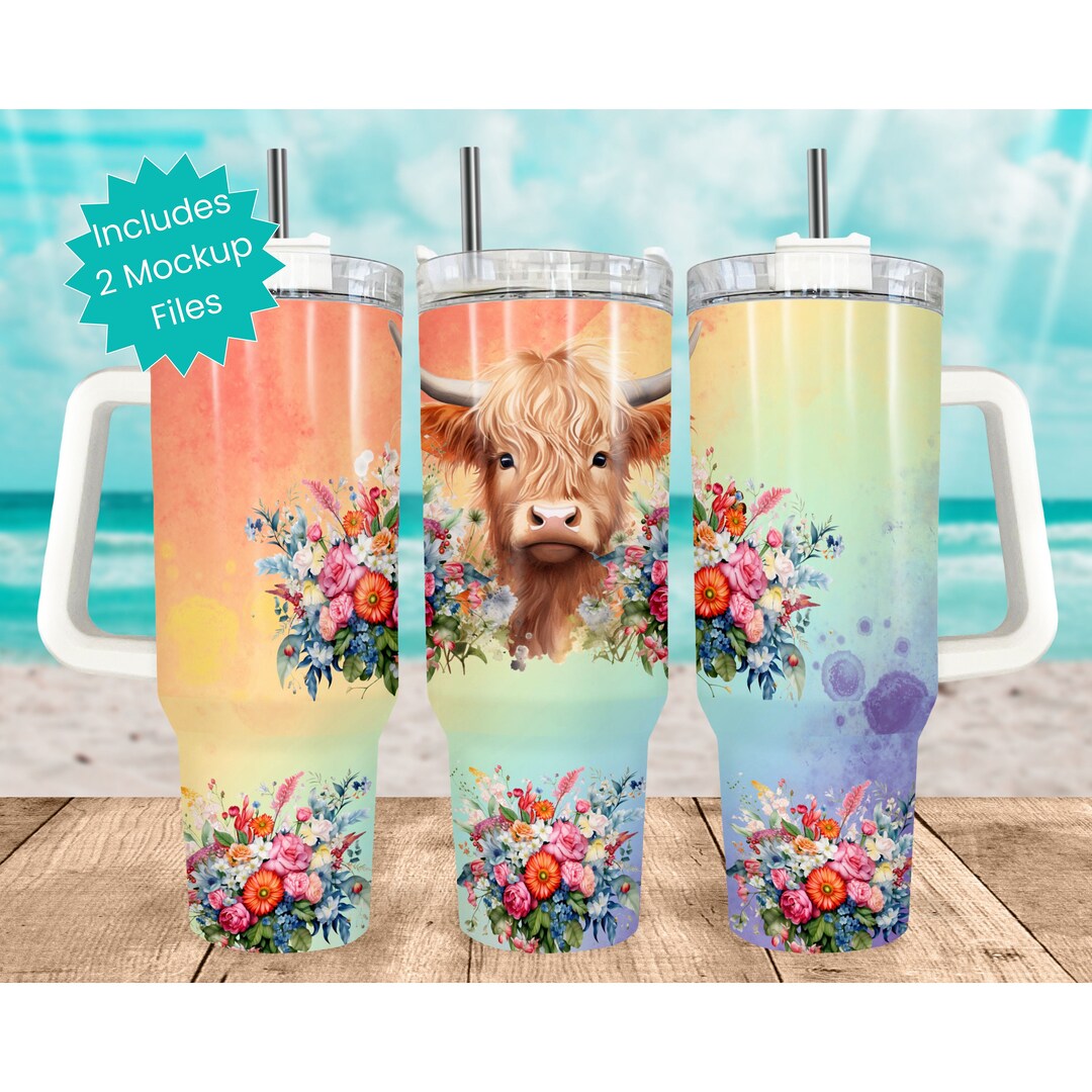 40oz Tumbler Wrap PNG Highland Cow With Florals Full Tumbler ...