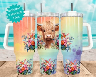 40oz Tumbler Wrap PNG Highland Cow with Florals Full tumbler sublimation design Colorful Cow and Flowers digital PNG wrap Sublimation Wrap