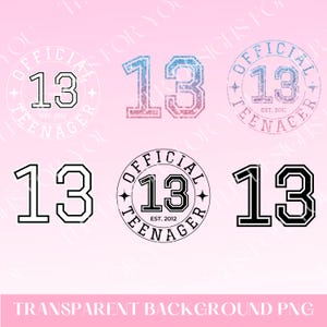 Teen Birthday PNG Bundle, offizielle Teenager Designs, 13. Geburtstag digitale Clipart Sublimation druckbare Grafiken Glitter Text Varsity Style