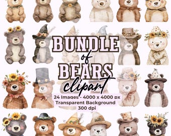 Watercolor Bear Clipart Bundle Cute Hat Animal Illustrations Digital Sublimation Graphics Woodland Aesthetic Art Set Bundle 2