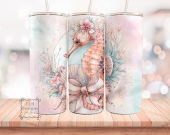 Seahorse Tumbler Wrap PNG, Coastal Floral Bow Design, 20oz Skinny Tumbler Sublimation, Pastel Beach Download