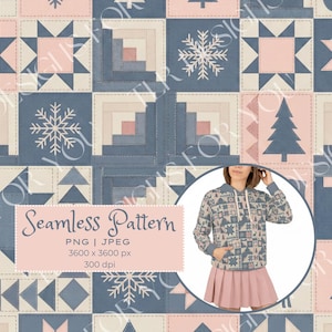 Peut inclure: Motif de motif sans couture avec des formes géométriques, des flocons de neige et des arbres de Noël dans des tons de bleu, rose et blanc. Le motif est affiché sur un sweat à capuche et une jupe. Le texte "Seamless Pattern" est également inclus.