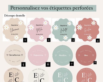 May include: A collection of personalized, round labels with scalloped edges. Each label features names, dates, and decorative elements like daisies, hearts, and botanical illustrations. The labels are in various pastel colors.