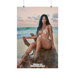 May include: A poster showing a woman in a bikini on a beach, seated on driftwood. The bikini is pale pink with floral details. The sea and sky are in the background, with the words "Sports Illustrated" at the bottom.