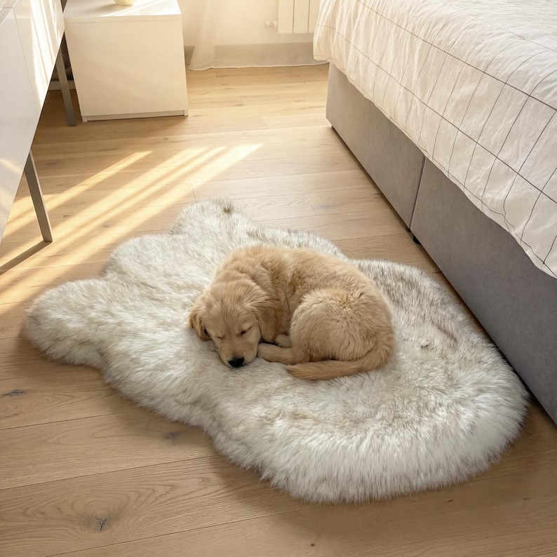K&ouml;nnte beinhalten: Ein schlafender Golden Retriever Welpe, zusammengerollt auf einem flauschigen, cremefarbenen, wolkenf&ouml;rmigen Teppich. Der Teppich liegt auf einem hellen Holzboden, in der N&auml;he eines Bettes mit einer wei&szlig;-grau karierten Bettdecke.