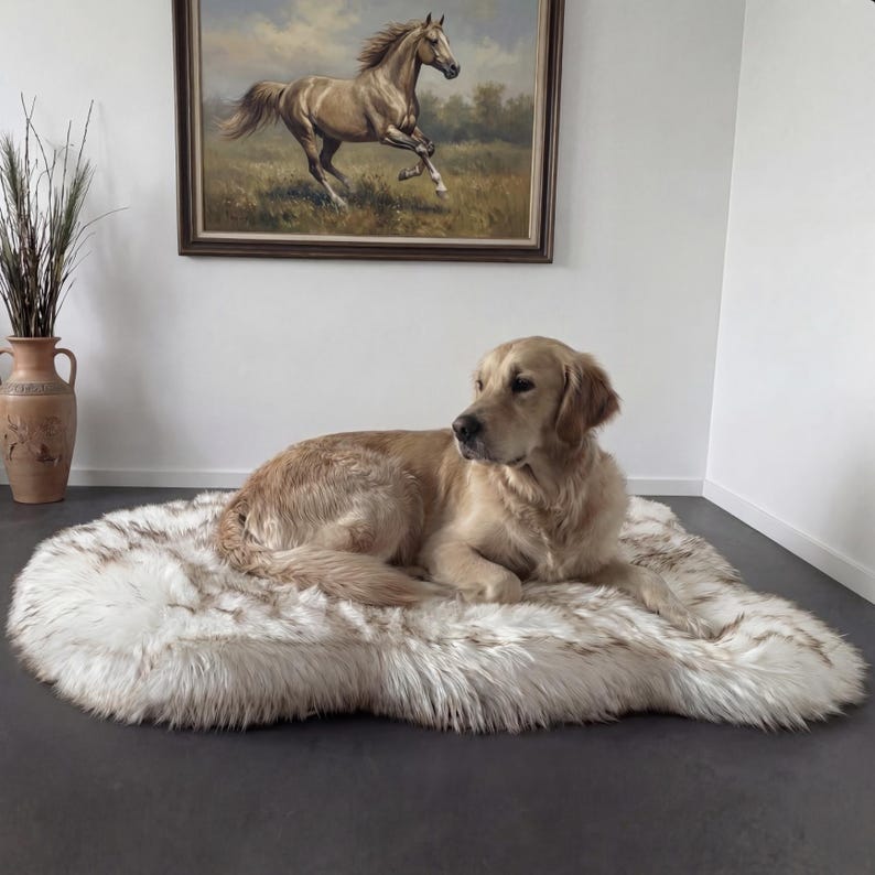 K&ouml;nnte beinhalten: Ein Golden Retriever liegt auf einem flauschigen, ovalen Haustierbett. Das Bett hat ein wei&szlig;es und braunes Kunstfell-Design. Ein gerahmtes Gem&auml;lde eines galoppierenden Pferdes h&auml;ngt an der Wand.