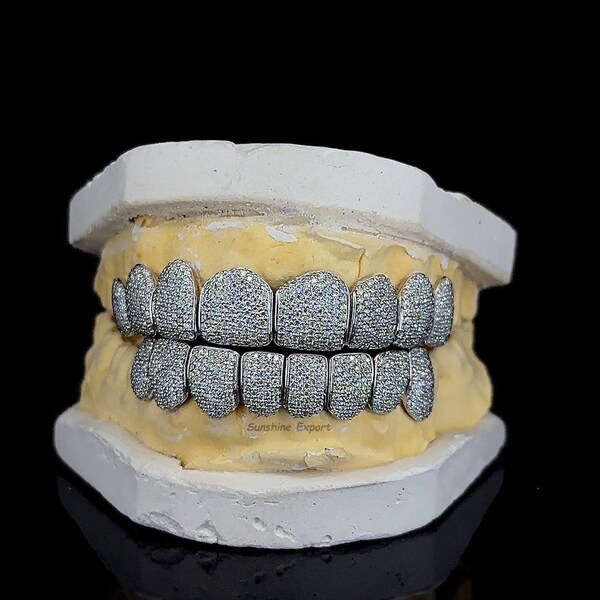 VVS Quality Diamond Grillz,8 Top & 8 Bottom Custom Hip Hop Grillz With 925 Sterling Silver,Iced Out Moissanite Grillz,Fang Grillz.