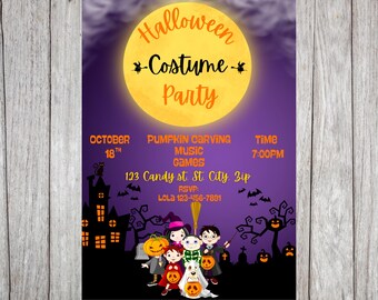 May include: A Halloween Costume Party invitation with a purple background, a large yellow moon, and cartoon illustrations of children in costumes. The text includes the date, time, and RSVP information.