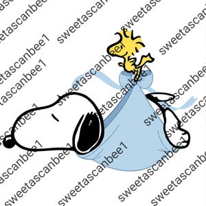 May include: A graphic illustration featuring a white dog with black ears and a black nose lying down while holding a light blue bundle tied with a ribbon. A small yellow bird is perched on top of the blue bundle. The text sweetascanbee1 is repeated.