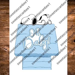 May include: A white and black cartoon dog lying on top of a light blue doghouse. The text Oh Baby! is printed in a white script font on the front of the doghouse. The design features a repeating watermark text overlay across the entire image.